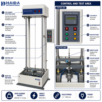 Mesin Uji Ketahanan Benturan Tutup Ujung Sepatu Keselamatan HAIDA EN ANSI Standard Shoe Testing Equipment